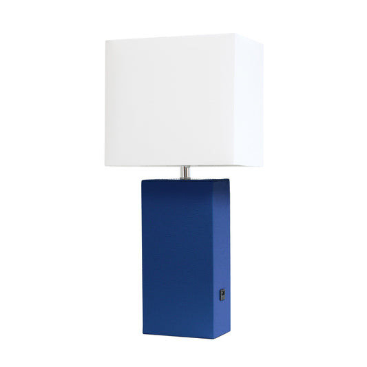 All The Rages Elegant Designs White Fabric Shade And Blue Finish Modern Leather Table Lamp