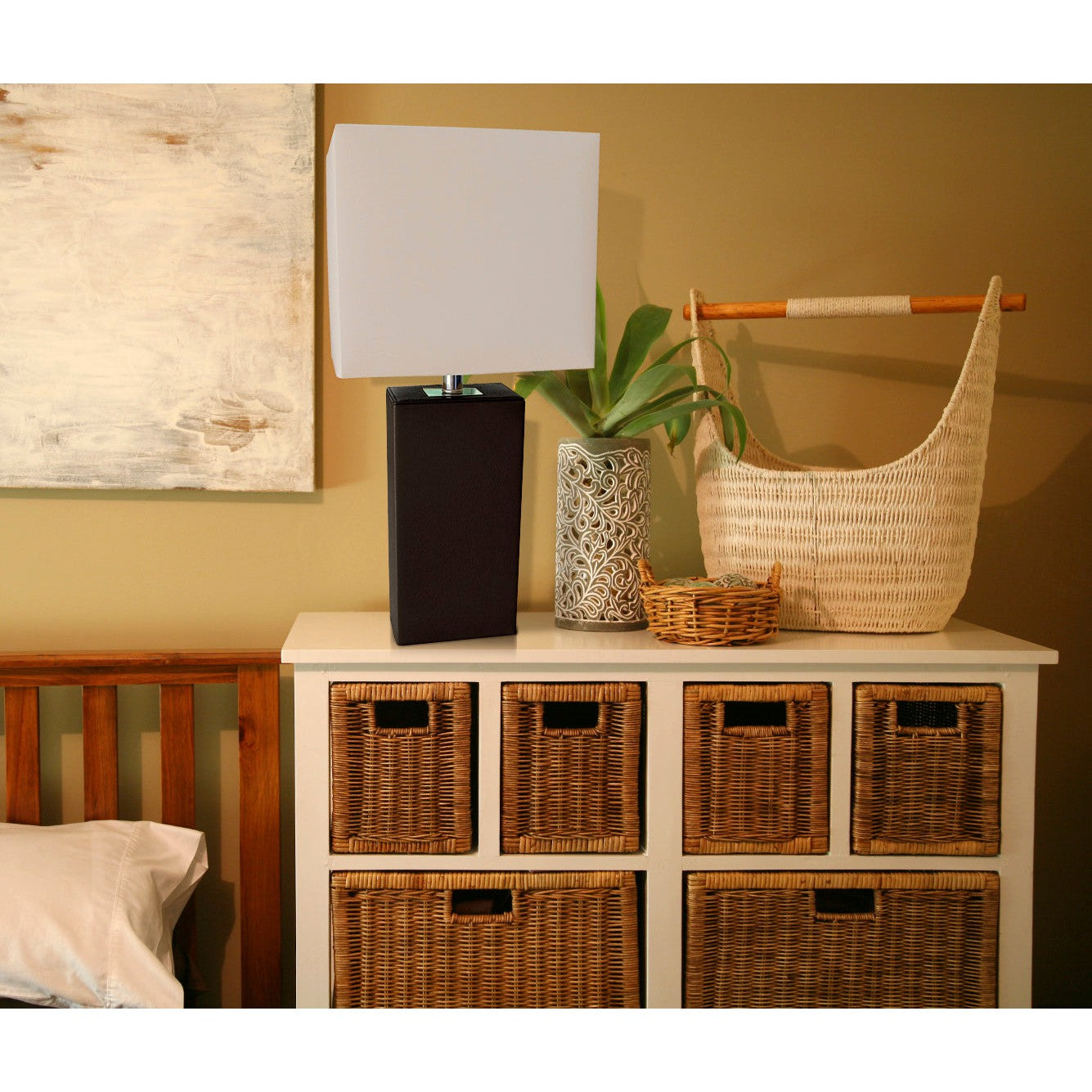 All The Rages Elegant Designs White Fabric Shade And Espresso Brown Finish Modern Leather Table Lamp