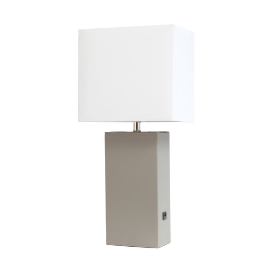 All The Rages Elegant Designs White Fabric Shade And Gray Finish Modern Leather Table Lamp