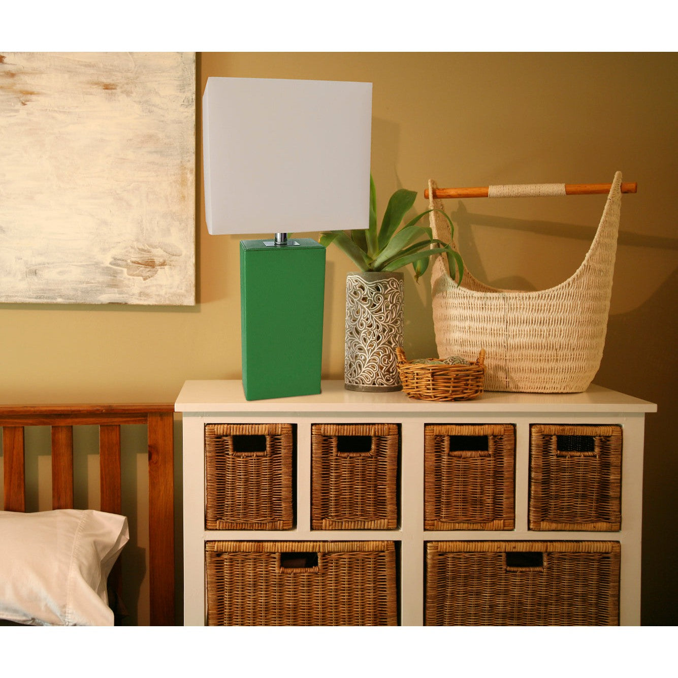 All The Rages Elegant Designs White Fabric Shade And Green Finish Modern Leather Table Lamp