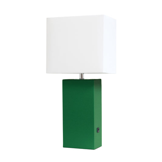 All The Rages Elegant Designs White Fabric Shade And Green Finish Modern Leather Table Lamp