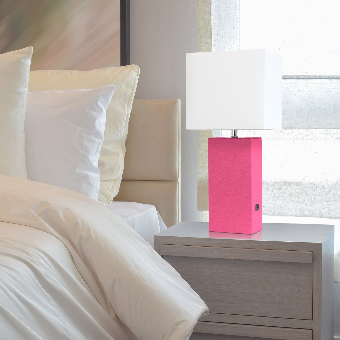 All The Rages Elegant Designs White Fabric Shade And Hot Pink Finish Modern Leather Table Lamp