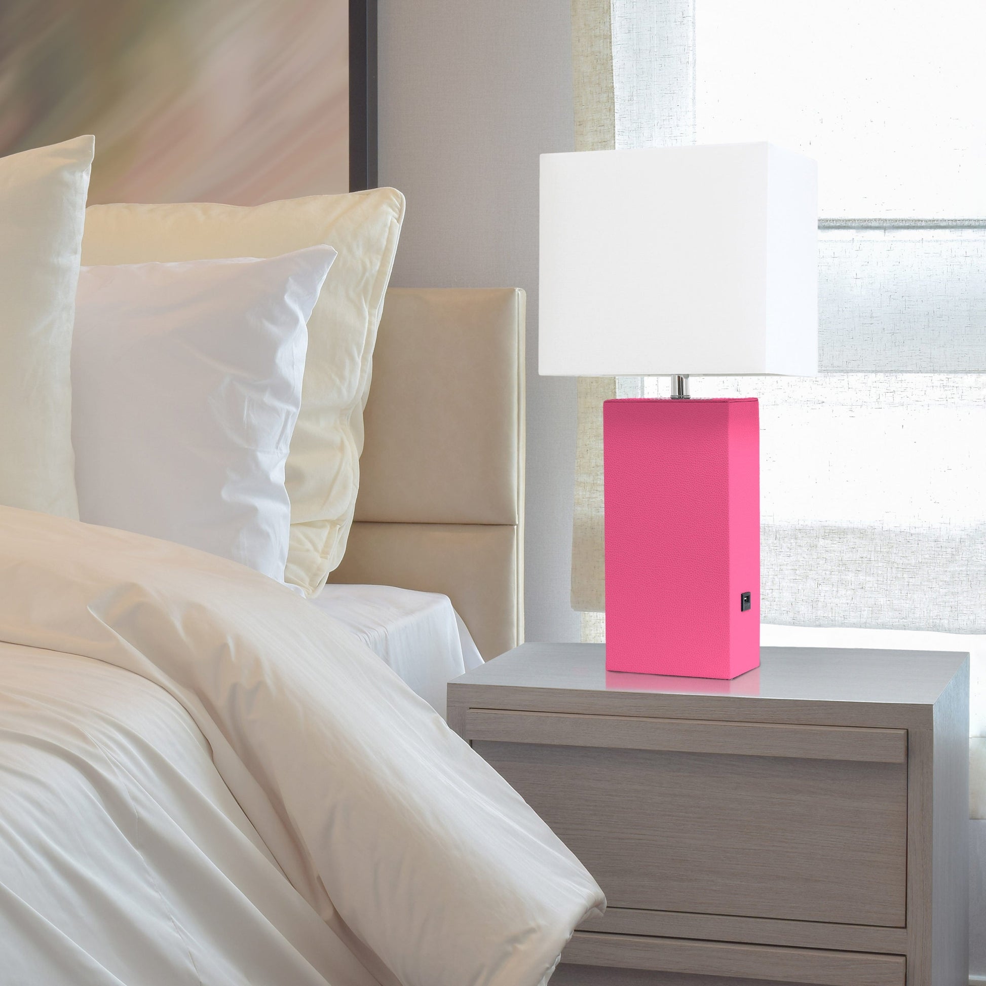 All The Rages Elegant Designs White Fabric Shade And Hot Pink Finish Modern Leather Table Lamp
