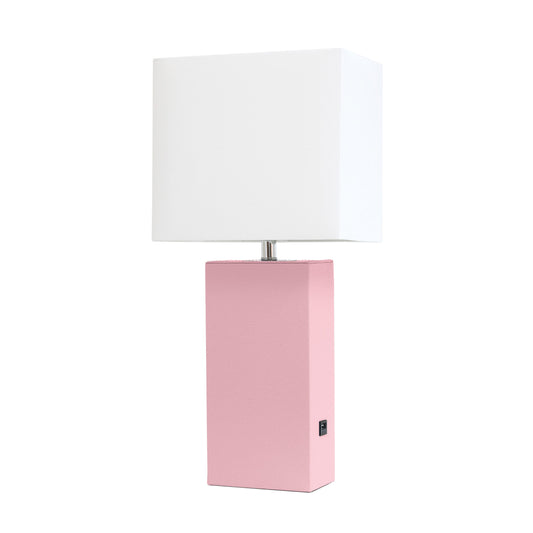 All The Rages Elegant Designs White Fabric Shade And Pink Finish Modern Leather Table Lamp with USB