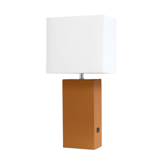 All The Rages Elegant Designs White Fabric Shade And Tan Finish Modern Leather Table Lamp