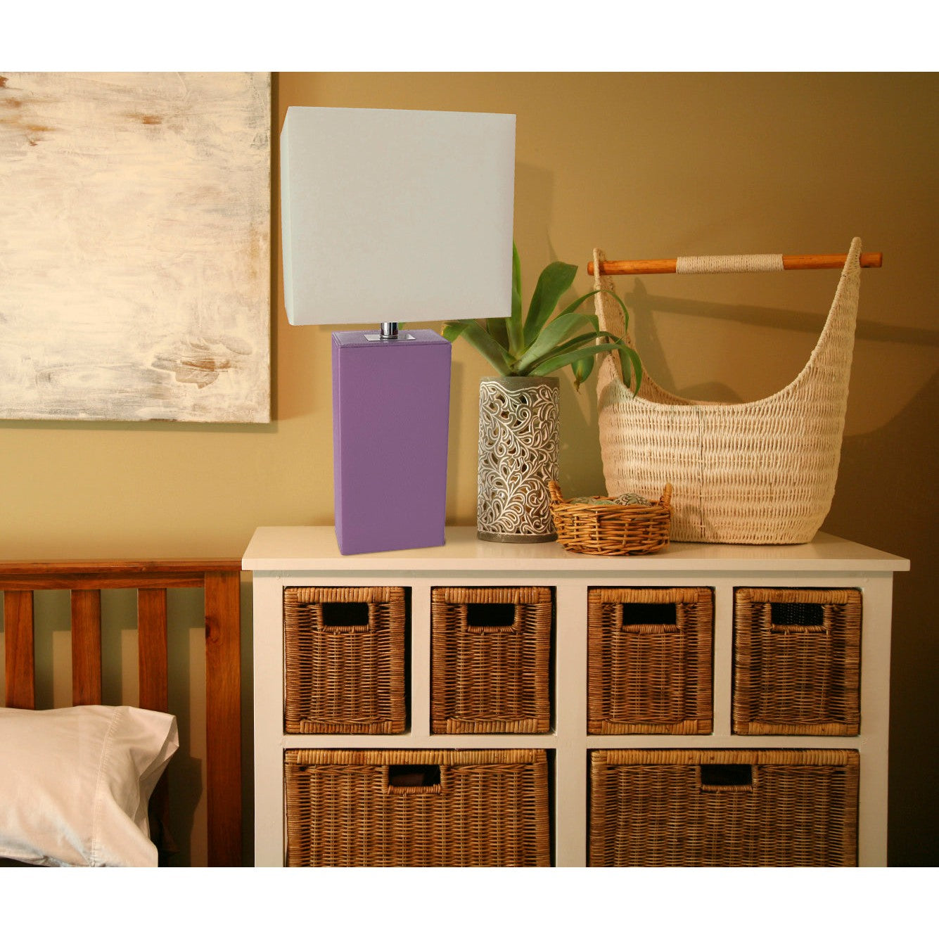 All The Rages Elegant Designs White Fabric Shade And Purple Finish Modern Leather Table Lamp