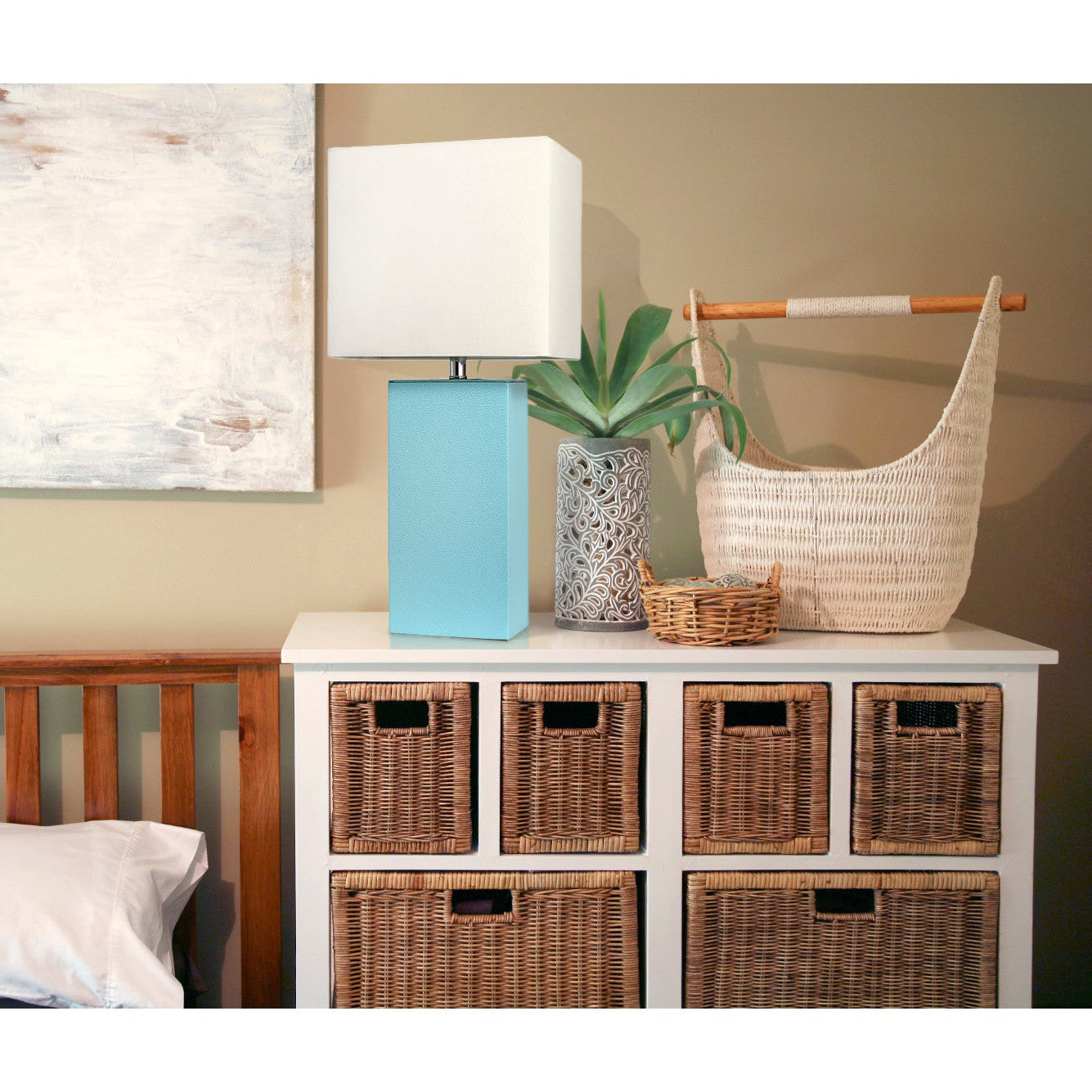 All The Rages Elegant Designs White Fabric Shade & Aqua Finish Modern Leather Table Lamp