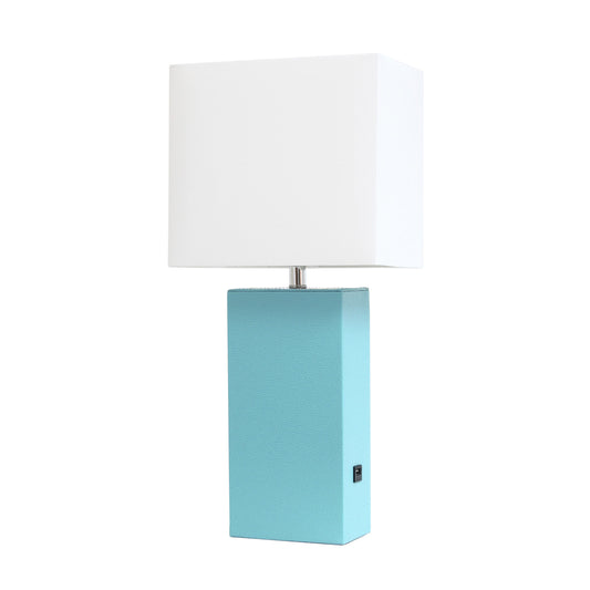 All The Rages Elegant Designs White Fabric Shade & Aqua Finish Modern Leather Table Lamp