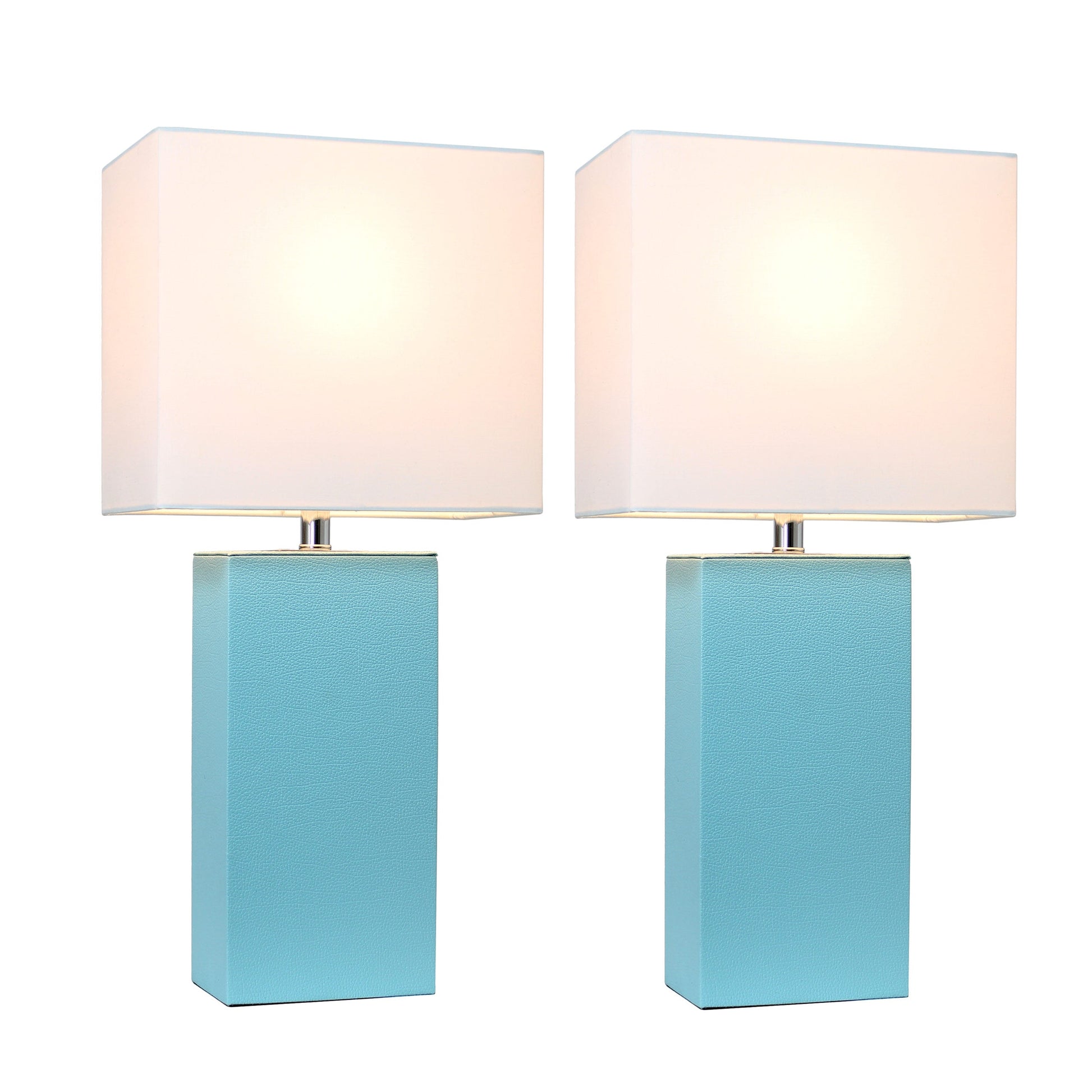 All The Rages Elegant Designs White Fabric Shades & Aqua Finish 2-Piece Modern Leather Table Lamps