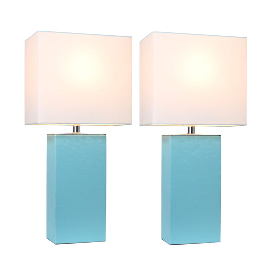 All The Rages Elegant Designs White Fabric Shades & Aqua Finish 2-Piece Modern Leather Table Lamps