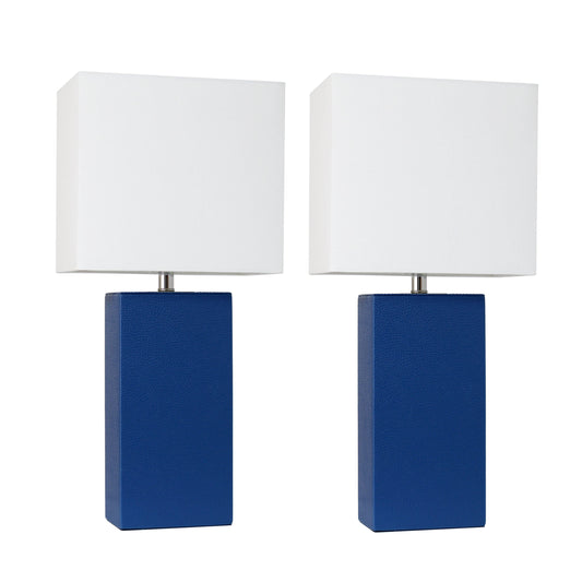 All The Rages Elegant Designs White Fabric Shades & Blue Finish 2-Piece Modern Leather Table Lamps