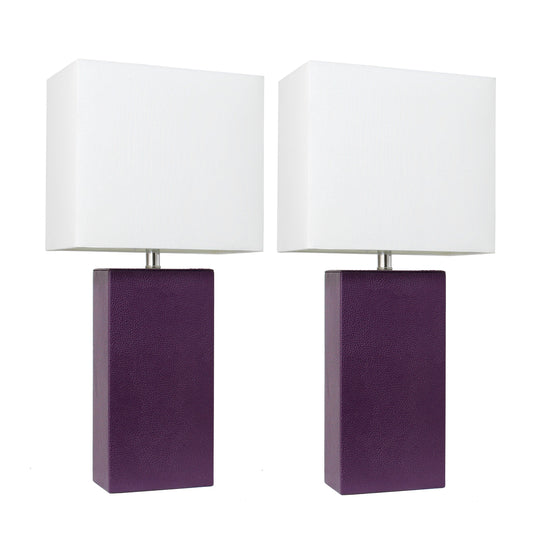 All The Rages Elegant Designs White Fabric Shades & Eggplant Finish 2-Piece Modern Leather Table Lamps