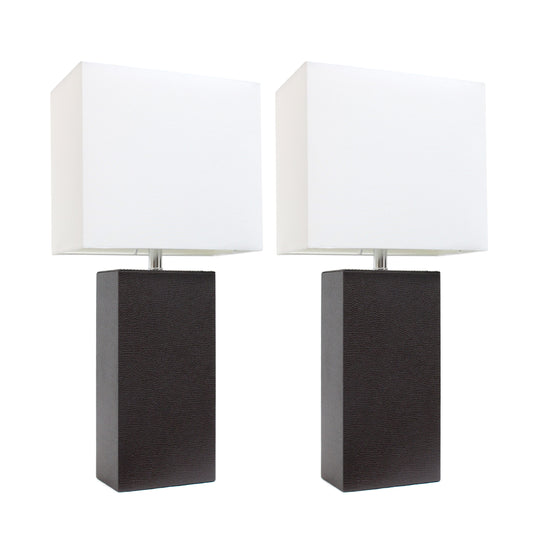 All The Rages Elegant Designs White Fabric Shades & Espresso Brown Finish 2-Piece Modern Leather Table Lamps