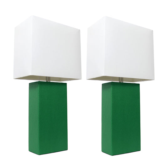 All The Rages Elegant Designs White Fabric Shades & Green Finish 2-Piece Modern Leather Table Lamps