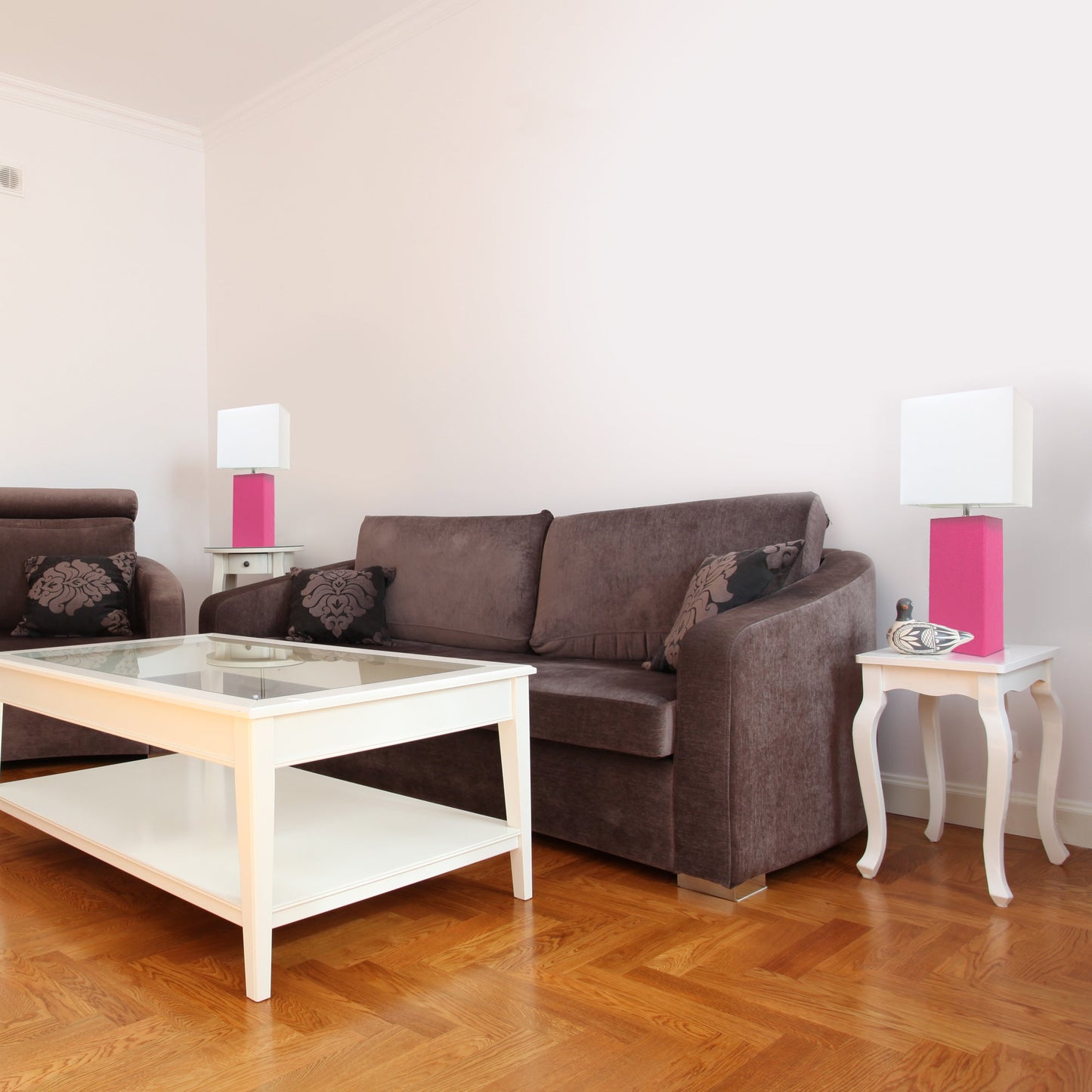 All The Rages Elegant Designs White Fabric Shades & Hot Pink Finish 2-Piece Modern Leather Table Lamps