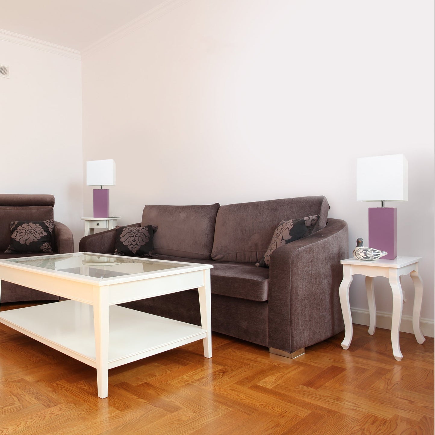 All The Rages Elegant Designs White Fabric Shades & Purple Finish 2-Piece Modern Leather Table Lamps