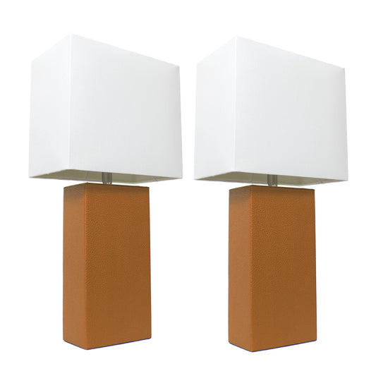 All The Rages Elegant Designs White Fabric Shades & Tan Finish 2-Piece Modern Leather Table Lamps