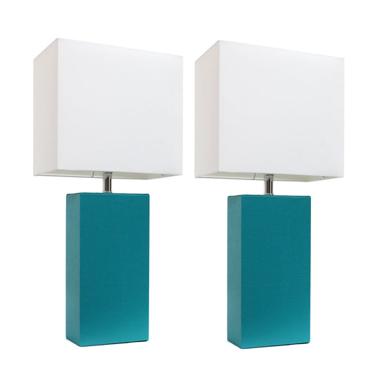 All The Rages Elegant Designs White Fabric Shades & Teal Finish 2-Piece Modern Leather Table Lamps