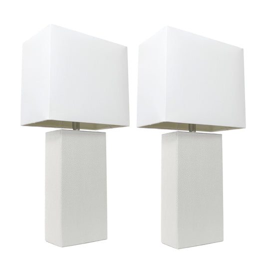 All The Rages Elegant Designs White Fabric Shades & White Finish 2-Piece Modern Leather Table Lamps