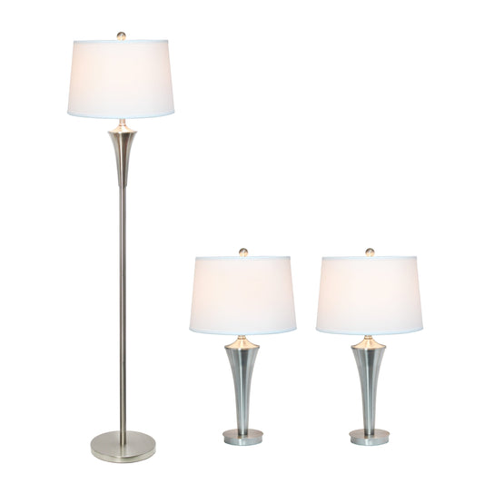 All The Rages Elegant Designs White Shades And Brushed Nickel Finish Tapered 3-Piece Lamp Set With 2 Table Lamps & 1 Floor Lamp