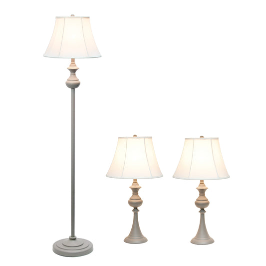 All The Rages Elegant Designs White Shades & Gray Finish Traditionally Crafted 3-Piece Lamp Set With 2 Table Lamps & 1 Floor Lamp