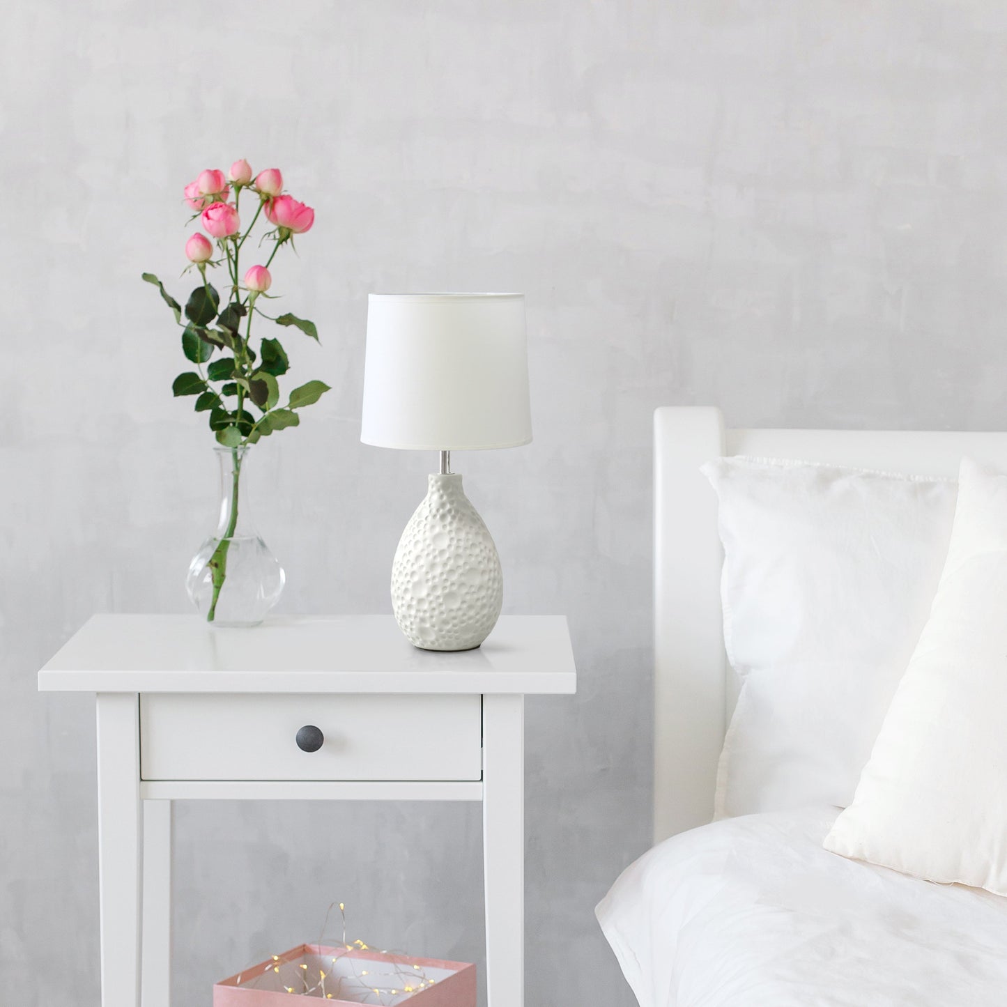 All The Rages Essentix 14" White Ceramic Textured Tear Drop Shaped Table Lamp With Tapered White Fabric Shade