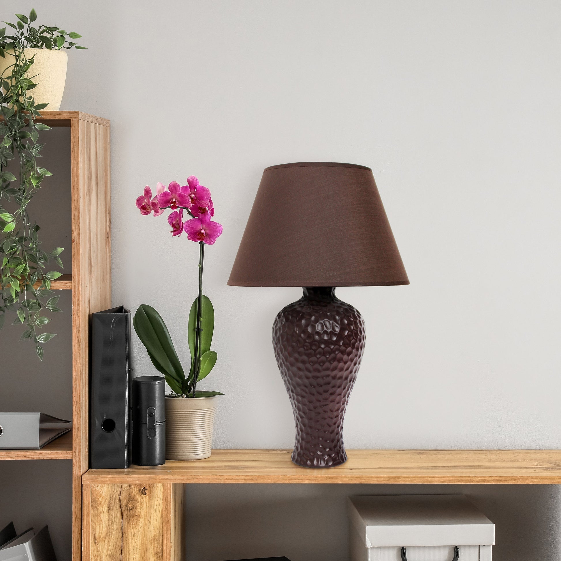 All The Rages Essentix 20" Brown Ceramic Textured Table Lamp With Matching Empire Fabric Shade