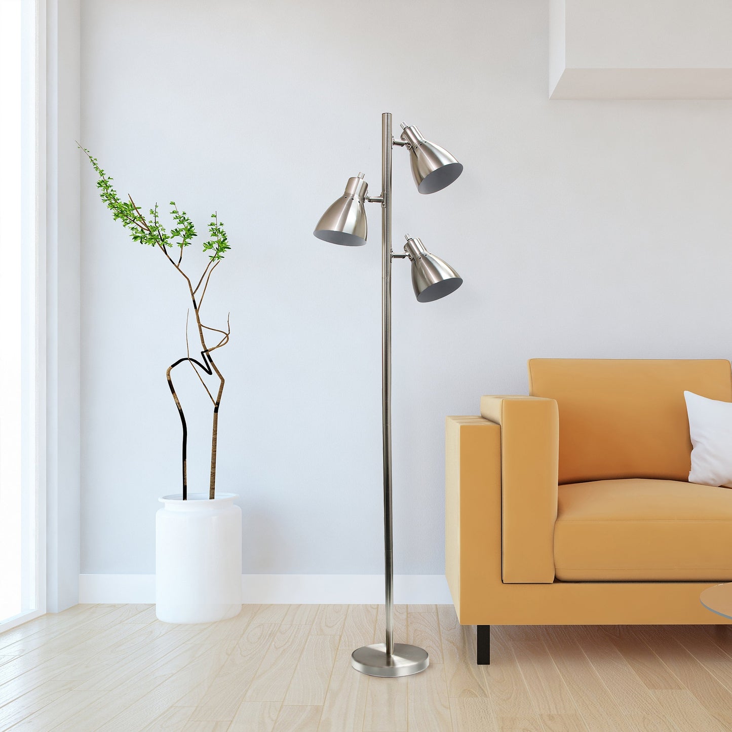 All The Rages Essentix 64" Brushed Nickel 3-Light Metal Tree Floor Lamp With Metal Adjustable Spotlight Shades