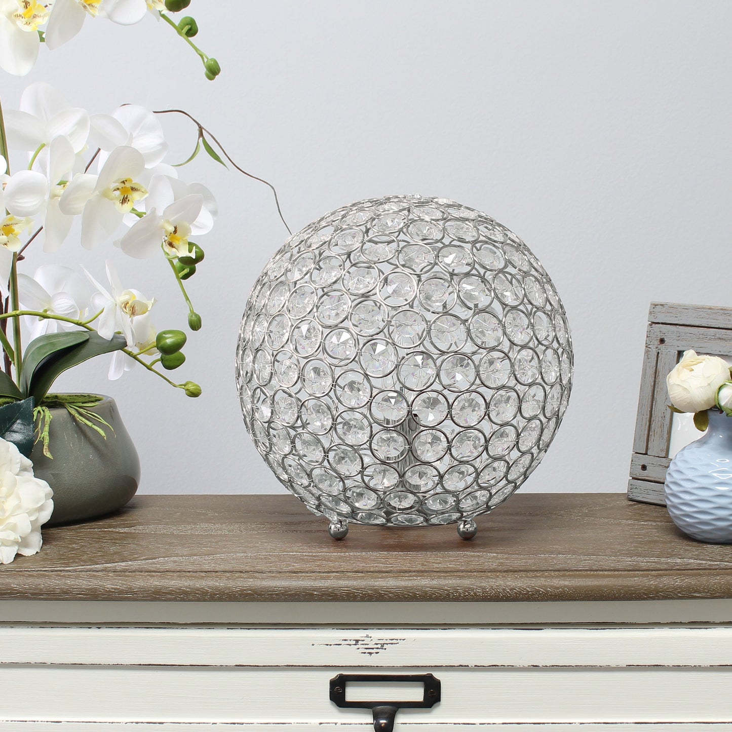All The Rages Lalia Home 10" Chrome Elipse Contemporary Metal Crystal Round Sphere Glamorous Orb Table Lamp