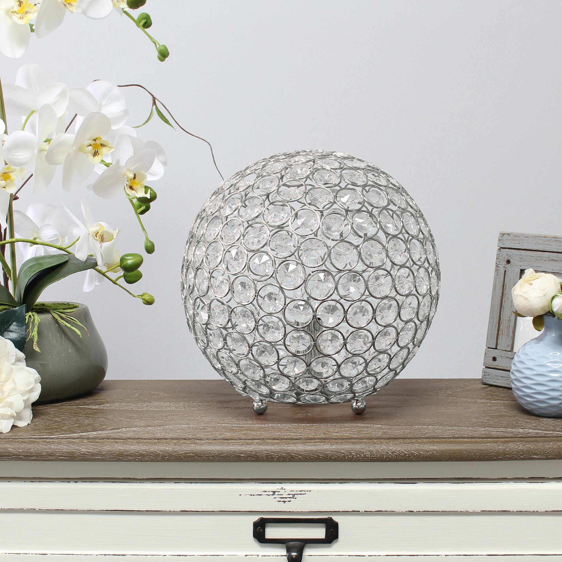 All The Rages Lalia Home 10" Chrome Elipse Contemporary Metal Crystal Round Sphere Glamorous Orb Table Lamp
