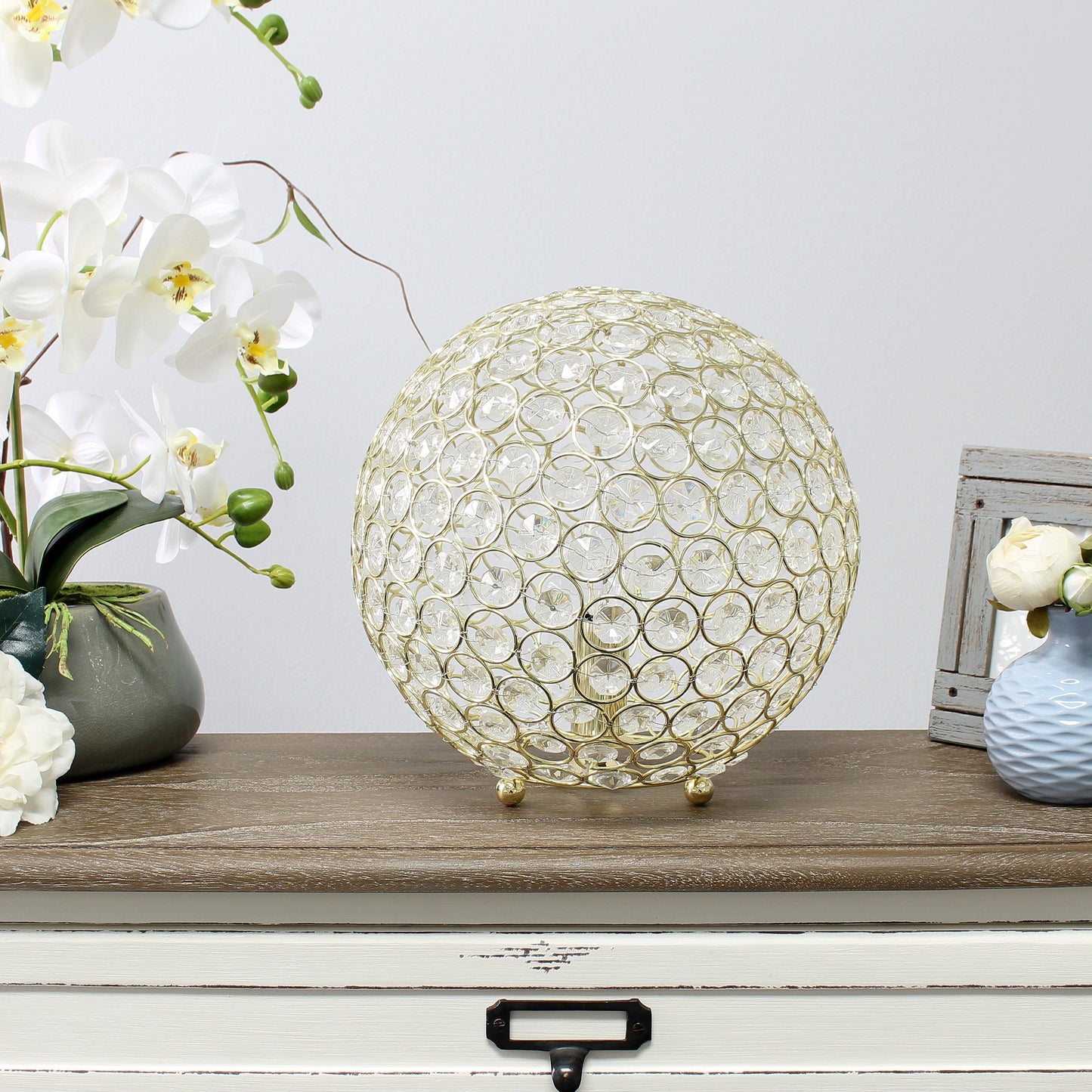 All The Rages Lalia Home 10" Gold Elipse Contemporary Metal Crystal Round Sphere Glamorous Orb Table Lamp