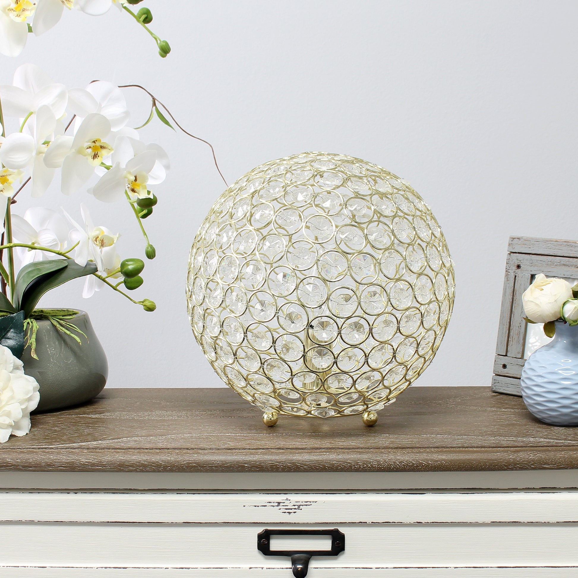All The Rages Lalia Home 10" Gold Elipse Contemporary Metal Crystal Round Sphere Glamorous Orb Table Lamp