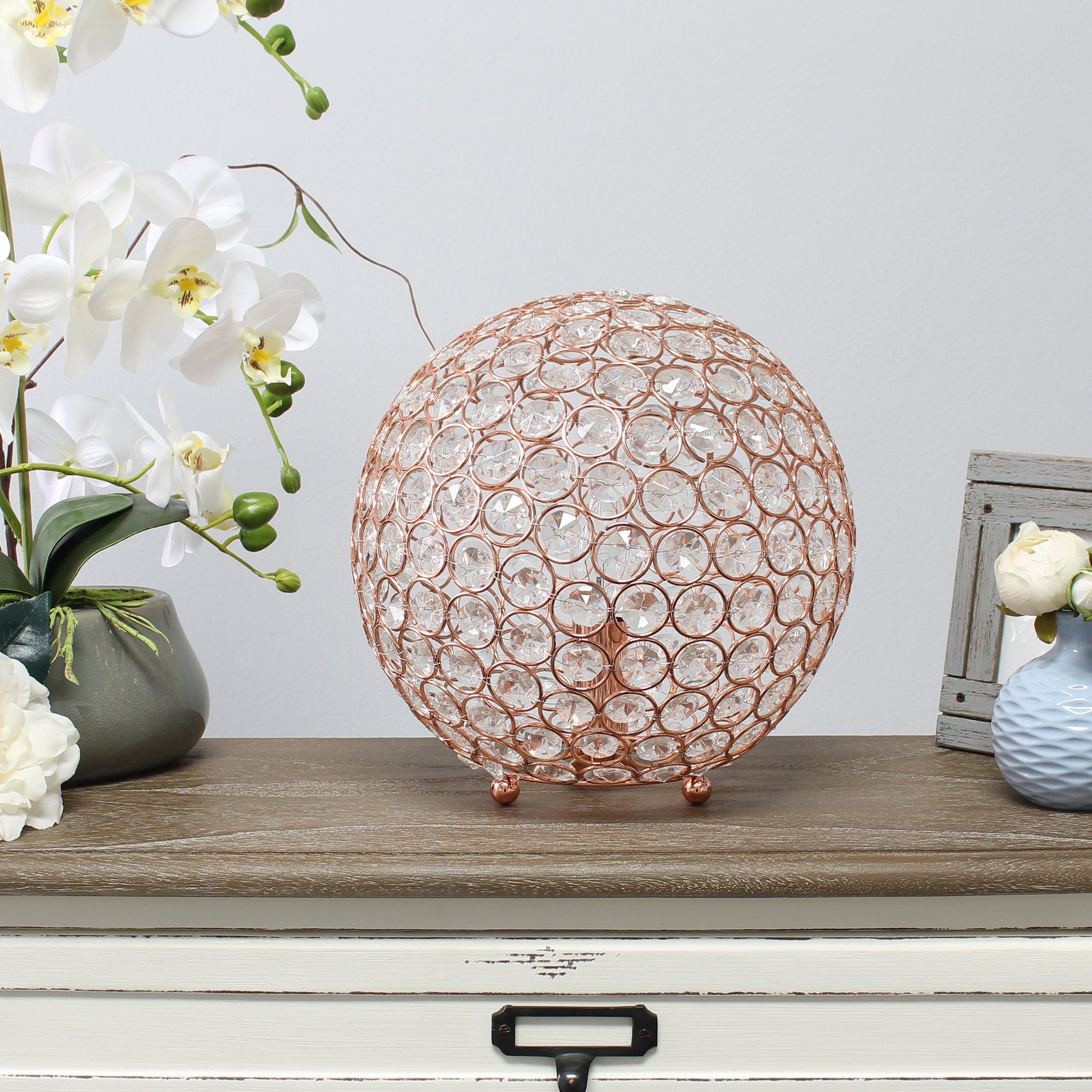 All The Rages Lalia Home 10" Rose Gold Elipse Contemporary Metal Crystal Round Sphere Glamorous Orb Table Lamp