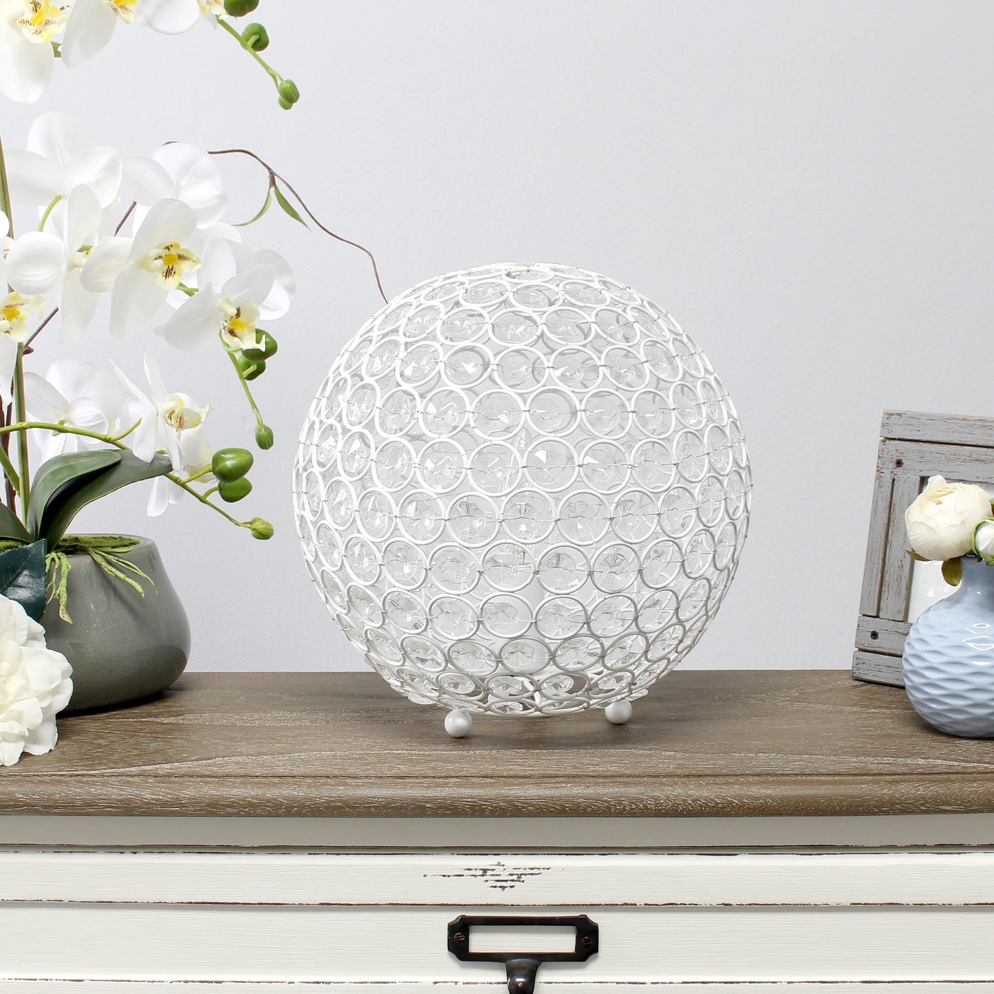 All The Rages Lalia Home 10" White Elipse Contemporary Metal Crystal Round Sphere Glamorous Orb Table Lamp