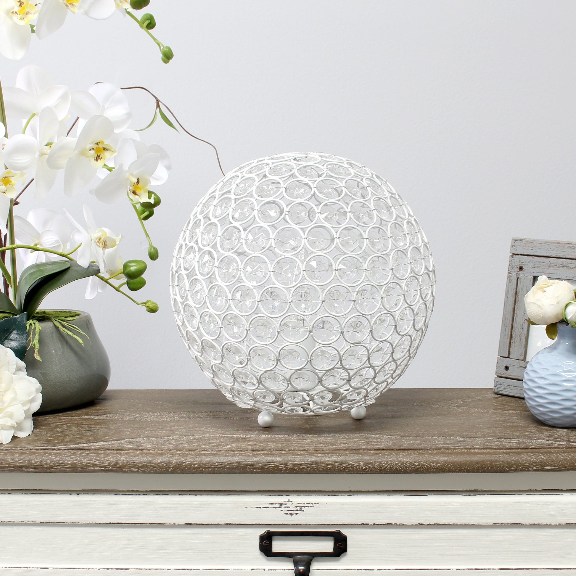 All The Rages Lalia Home 10" White Elipse Contemporary Metal Crystal Round Sphere Glamorous Orb Table Lamp