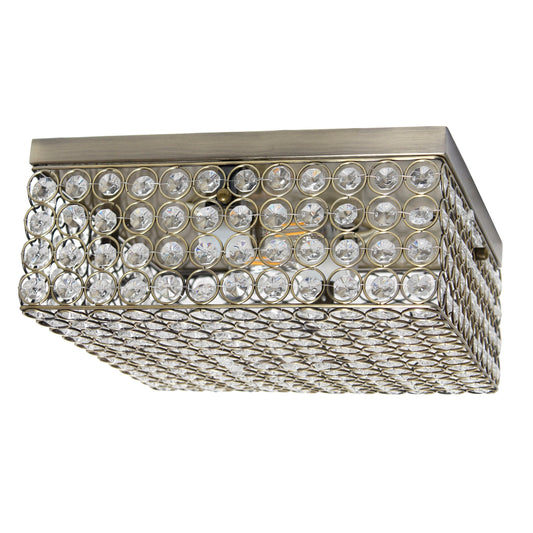 All The Rages Lalia Home 12" Antique Brass 2-Light Classix Glam Square Crystal & Metal Flush Mount Ceiling Light