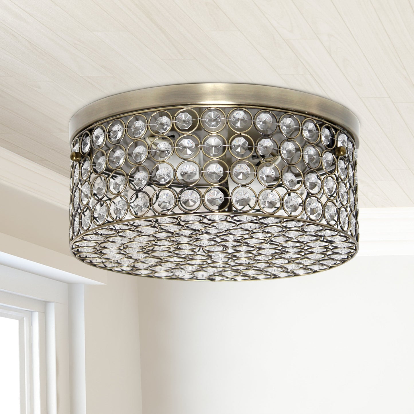 All The Rages Lalia Home 12" Antique Brass Classix Glam 2-Light Round Crystal & Metal Flush Mount Ceiling Light