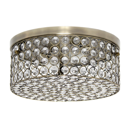 All The Rages Lalia Home 12" Antique Brass Classix Glam 2-Light Round Crystal & Metal Flush Mount Ceiling Light