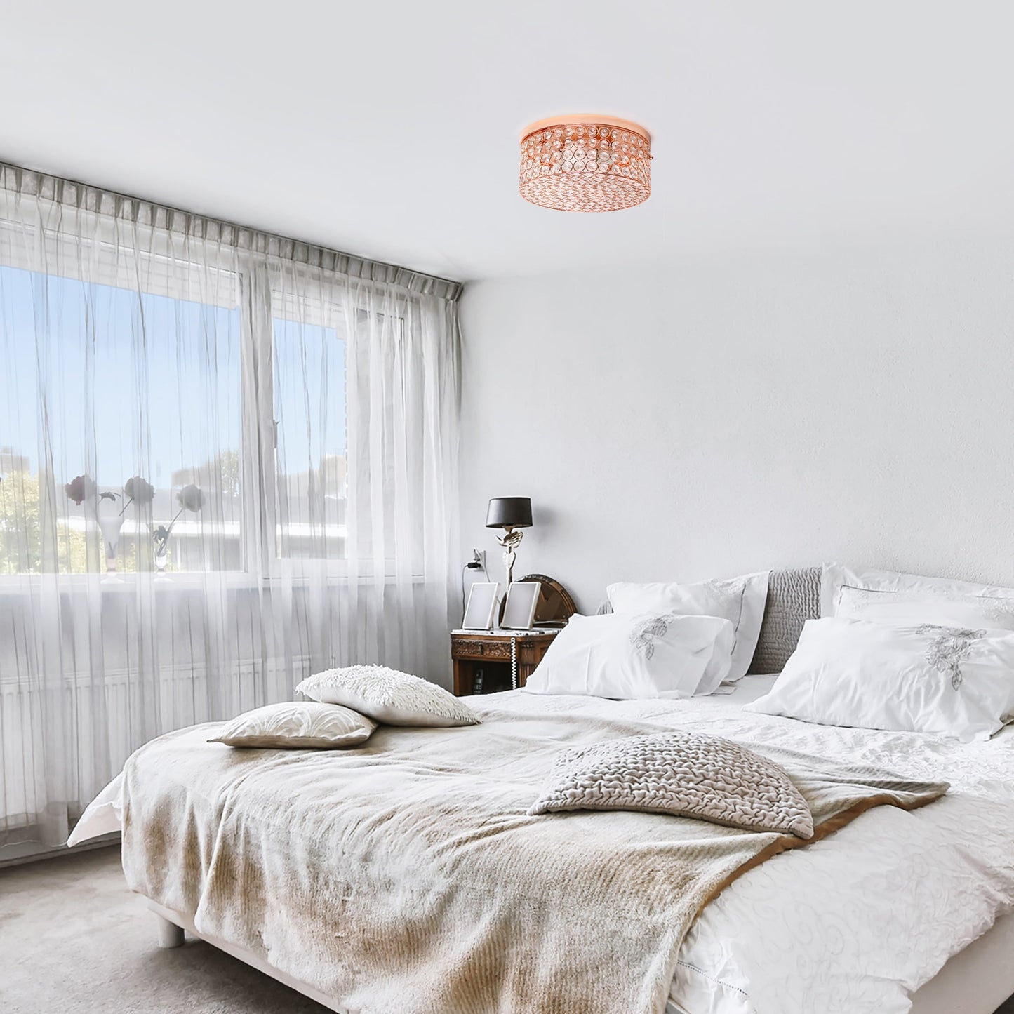 All The Rages Lalia Home 12" Rose Gold Classix Glam 2-Light Round Crystal & Metal Flush Mount Ceiling Light