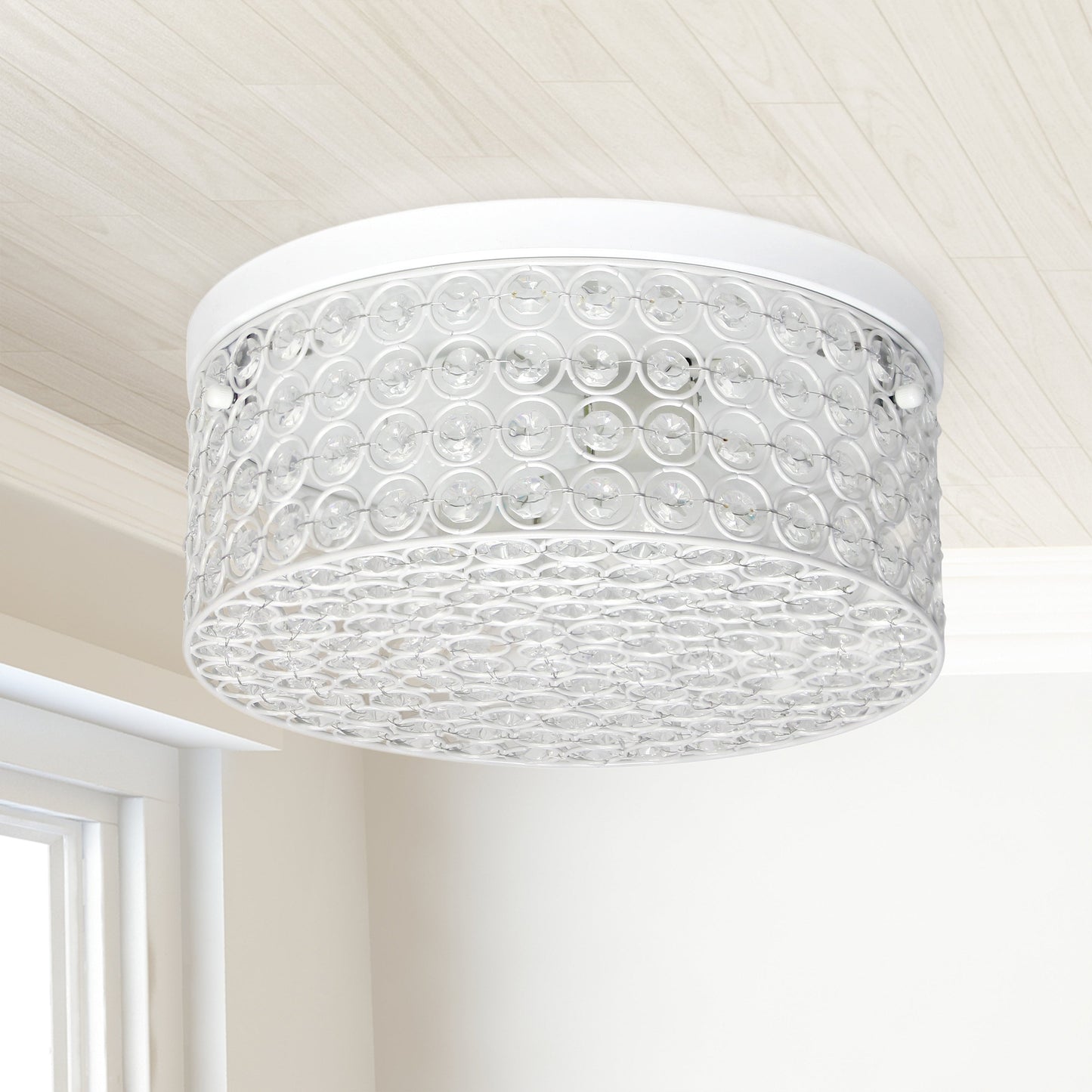 All The Rages Lalia Home 12" White Classix Glam 2-Light Round Crystal & Metal Flush Mount Ceiling Light