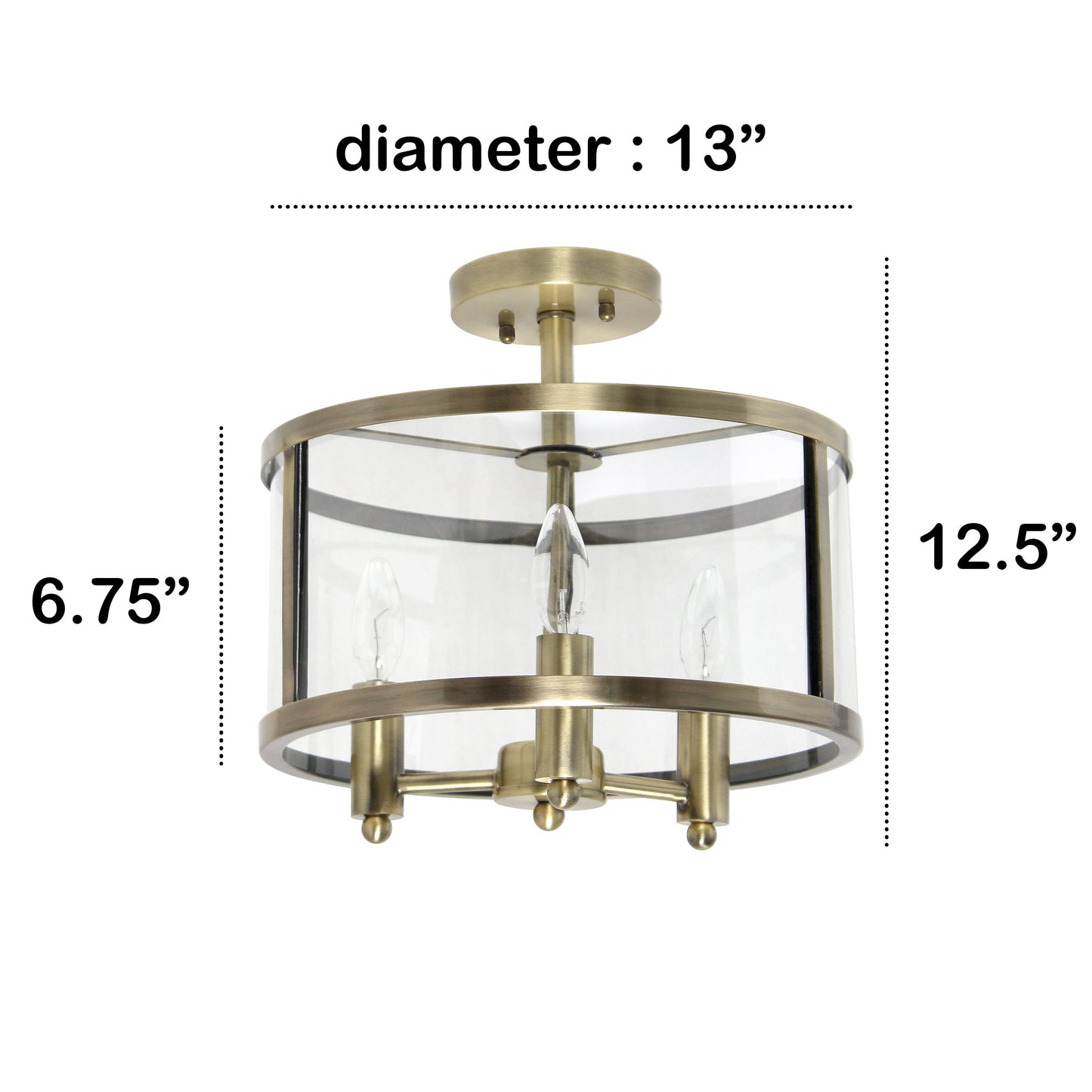All The Rages Lalia Home 13" Antique Brass 3-Light Industrial Farmhouse Glass & Metallic Accented Semi-Flushmount