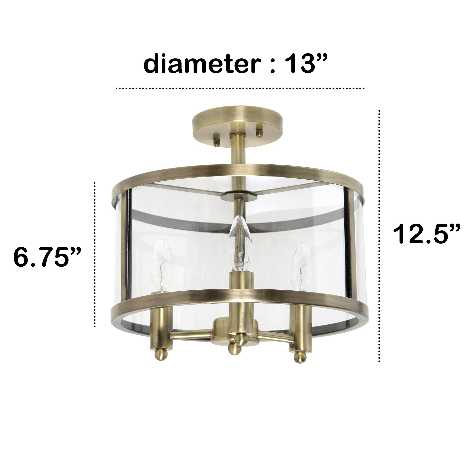 All The Rages Lalia Home 13" Antique Brass 3-Light Industrial Farmhouse Glass & Metallic Accented Semi-Flushmount