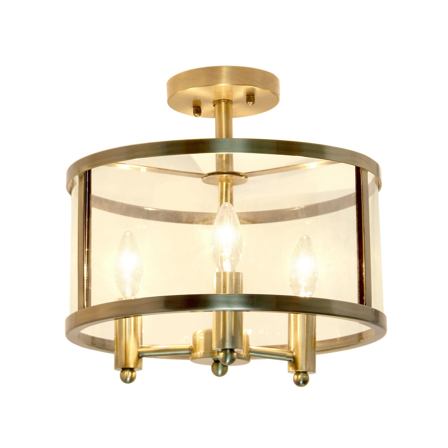 All The Rages Lalia Home 13" Antique Brass 3-Light Industrial Farmhouse Glass & Metallic Accented Semi-Flushmount