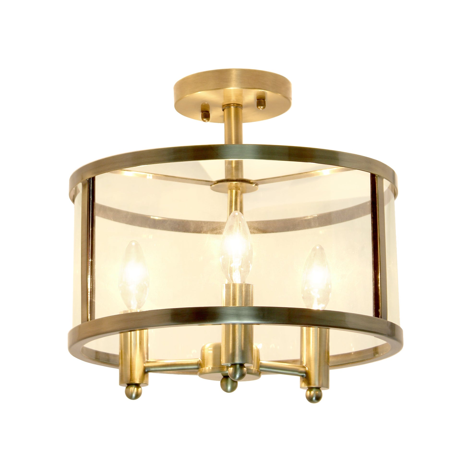 All The Rages Lalia Home 13" Antique Brass 3-Light Industrial Farmhouse Glass & Metallic Accented Semi-Flushmount