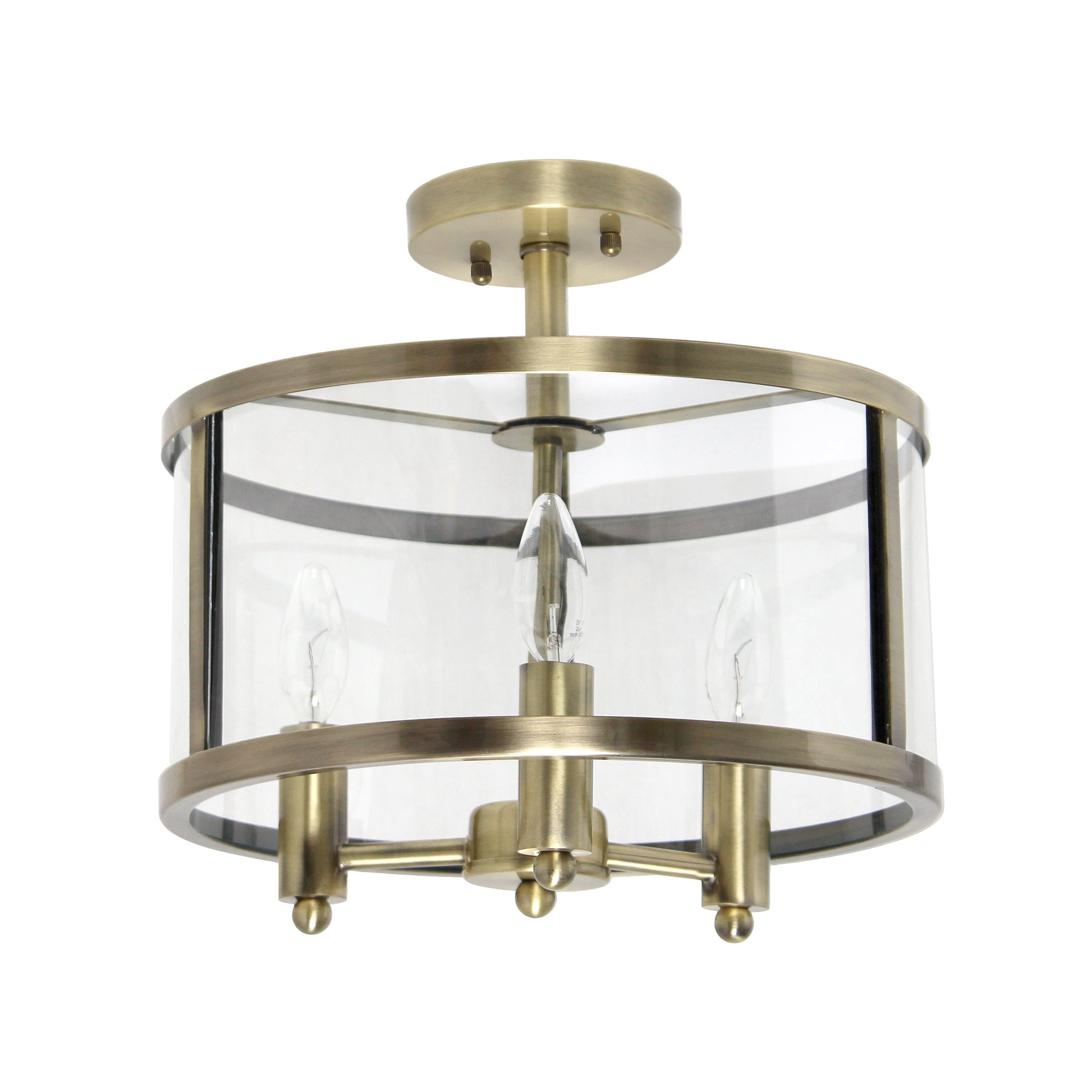 All The Rages Lalia Home 13" Antique Brass 3-Light Industrial Farmhouse Glass & Metallic Accented Semi-Flushmount