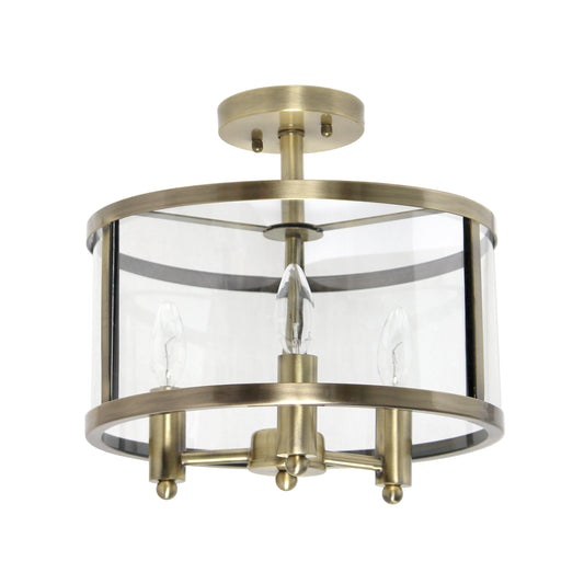 All The Rages Lalia Home 13" Antique Brass 3-Light Industrial Farmhouse Glass & Metallic Accented Semi-Flushmount