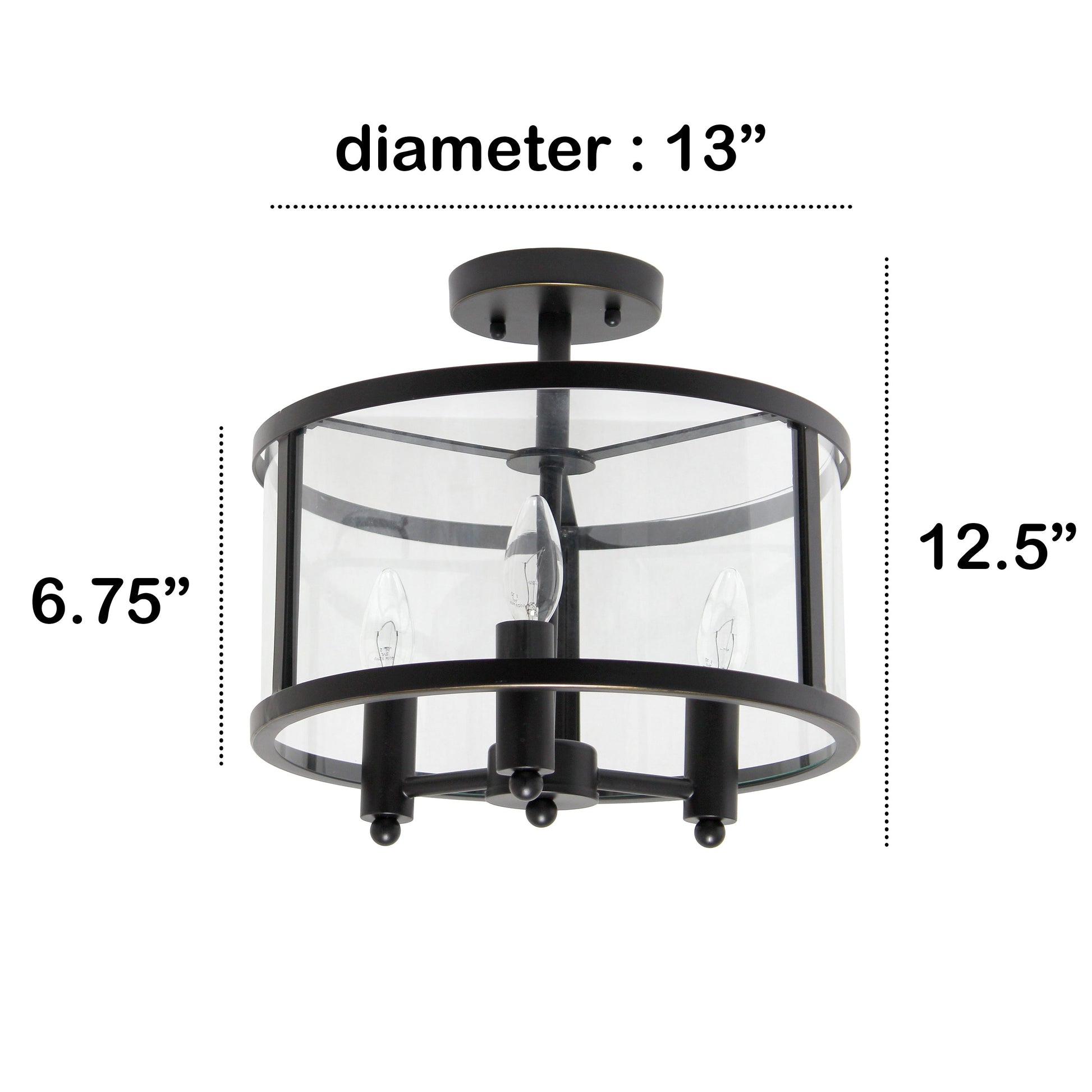 All The Rages Lalia Home 13" Black 3-Light Industrial Farmhouse Glass & Metallic Accented Semi-Flushmount