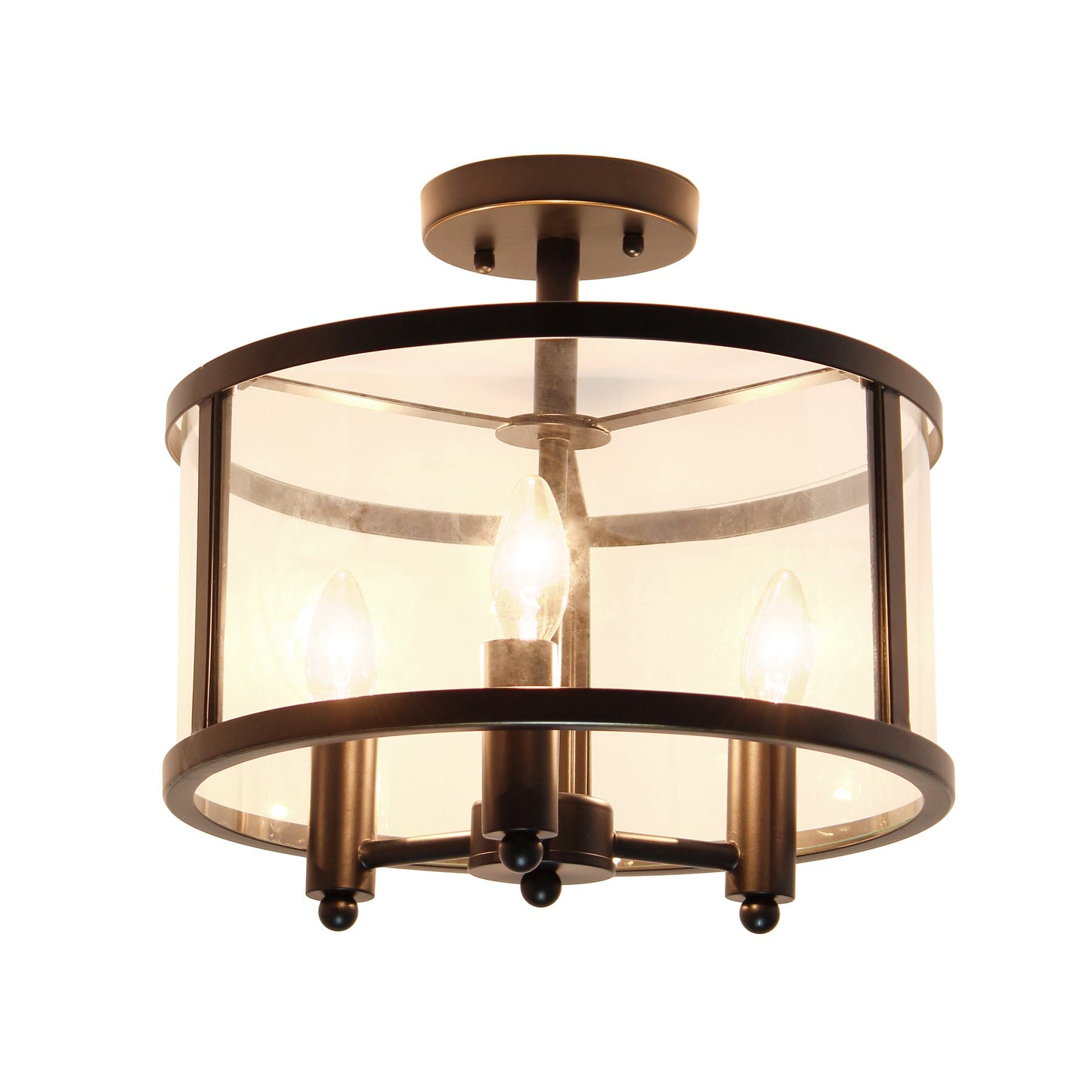 All The Rages Lalia Home 13" Black 3-Light Industrial Farmhouse Glass & Metallic Accented Semi-Flushmount