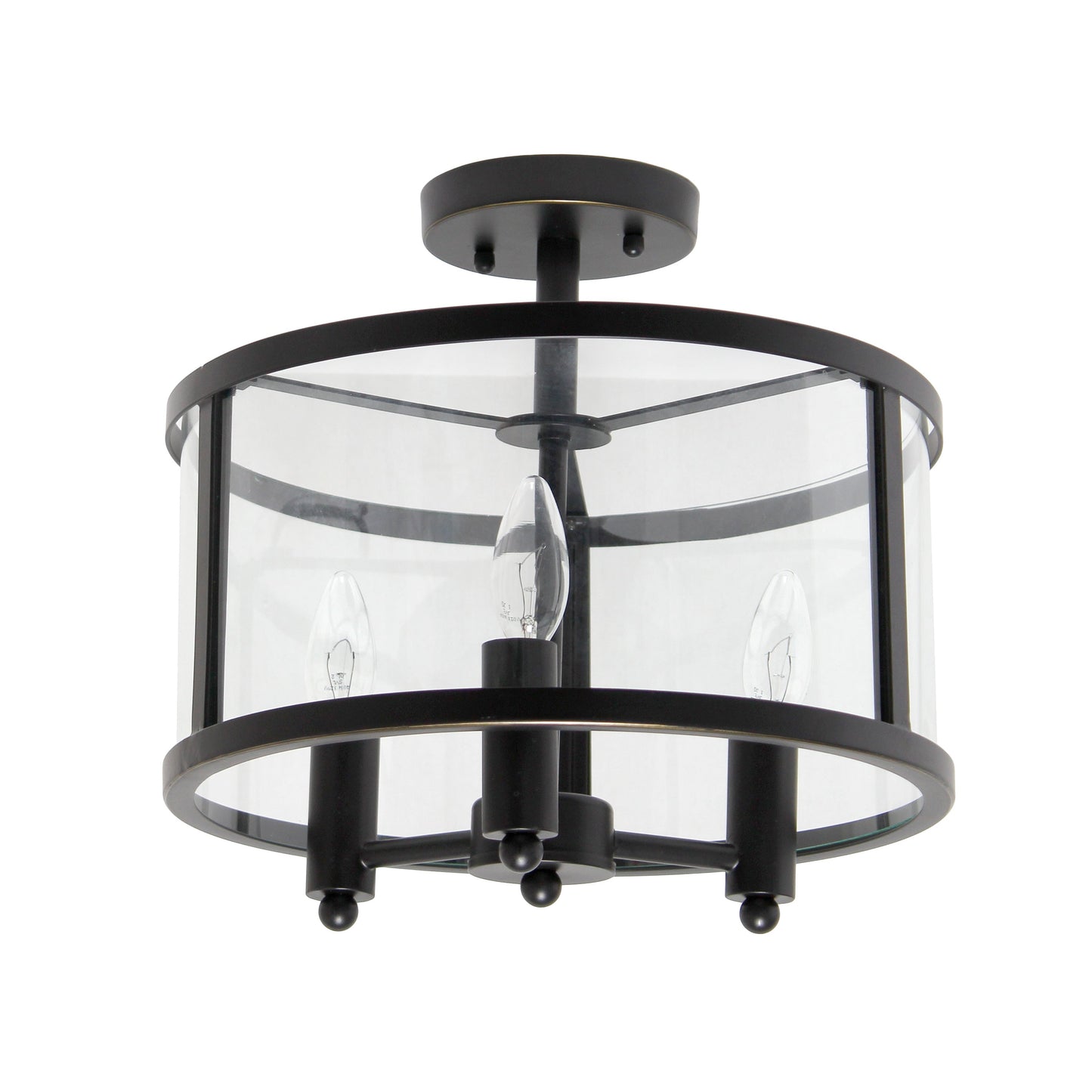 All The Rages Lalia Home 13" Black 3-Light Industrial Farmhouse Glass & Metallic Accented Semi-Flushmount