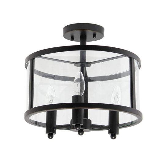 All The Rages Lalia Home 13" Black 3-Light Industrial Farmhouse Glass & Metallic Accented Semi-Flushmount